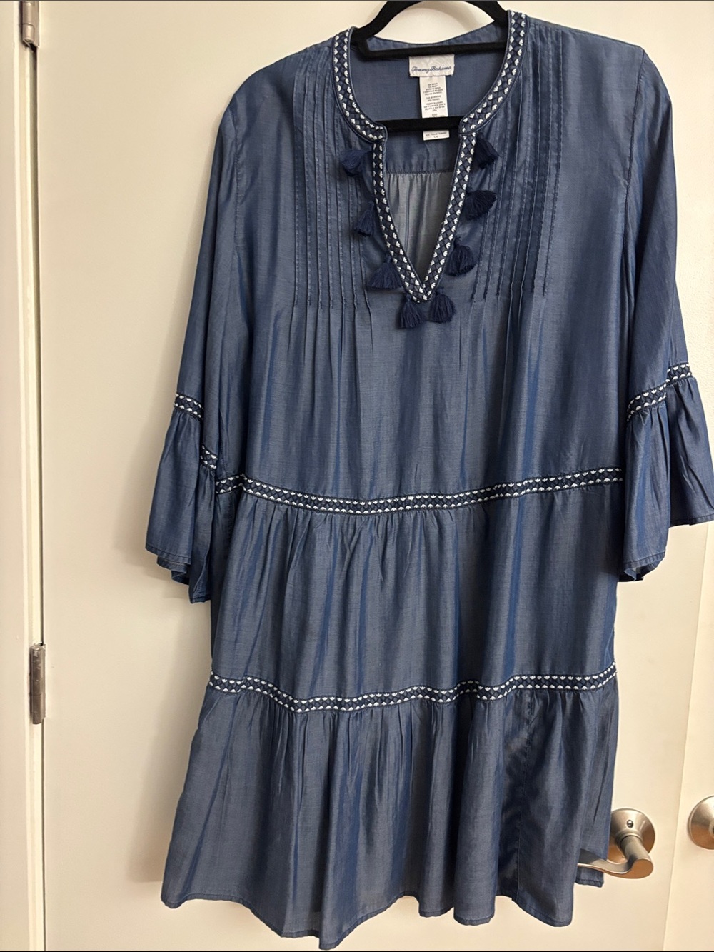 Tommy Bahama Peony and Moss Blue Tiered Tassel Boho Midi Dress size L
